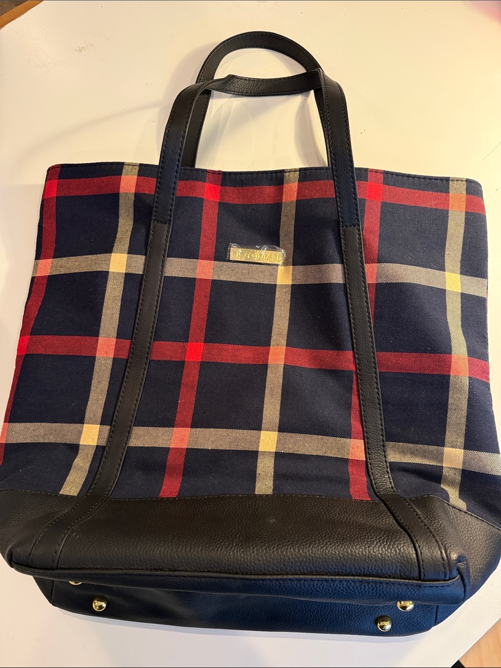 Joy & Iman Navy, Red and Tan Plaid Tote with Black Trim